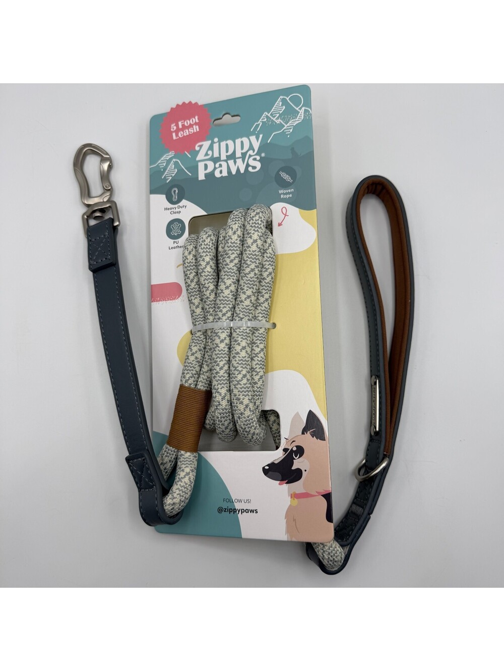 ZippyPaws Double Rope Leash 5 Foot Black Gray Brown Dog Leash ZPC-C0117 Zippy